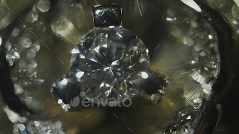 . Big blue diamond, closeup view. layered triangular macro diamond shapes with a small diamond over them. Round gemstone on Black Background with Reflection 4K