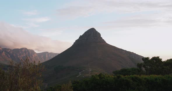 Establishing shot of Table Top and Lions Head Mountain in Cape Town South Africa