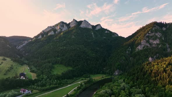 Aerial view of Trzy Korony mountain in Pieniny, Poland - Sunset