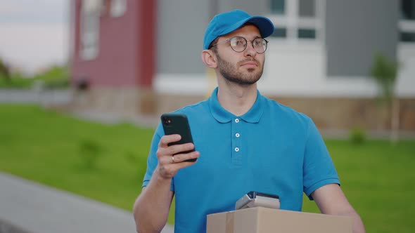 The Postman with Glasses Carries the Parcel and Looks at the Delivery Address Via Mobile Phone