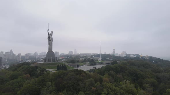 Symbol of Kyiv, Ukraine: Motherland Monument. Aerial View, Slow Motion. Kiev