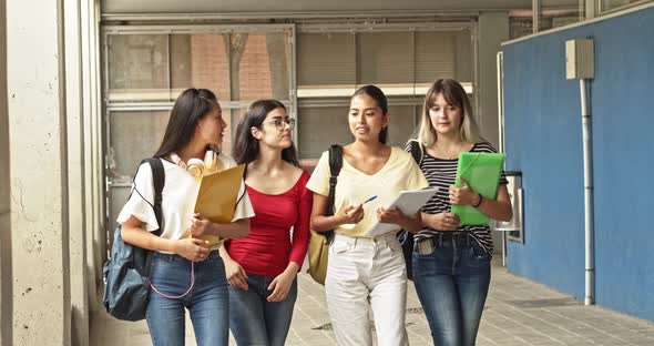 Group of Four Teenage Multiethnic Student Girls Walking and Talking at College