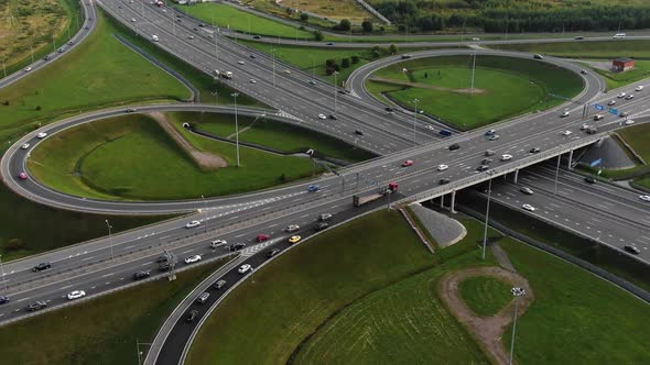 Autos Drive Along Highway Multilevel Traffic Intersection