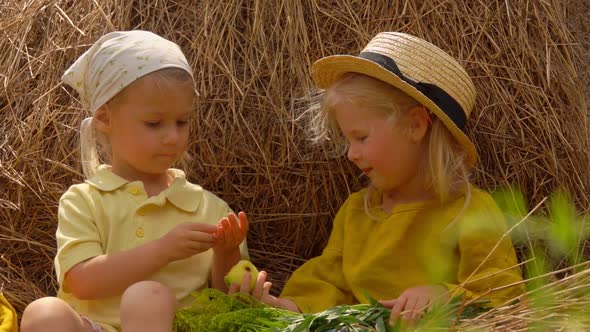 Two Little Girls are Eating Green Apples From the Basket