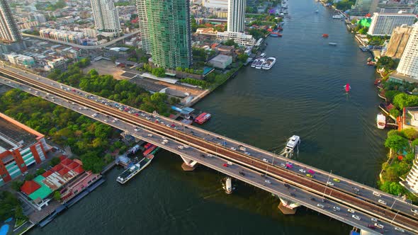 Aerial view over Bangkok city and Chao phraya river