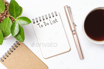 To do list recorded in notebook and green plant on white background.