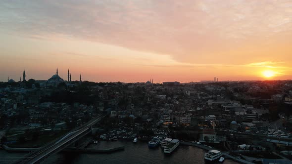 aerial view in istanbul golden horn with amazing sunset