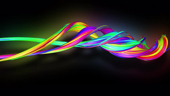 Stream of Colored Ribbons Fly Past Camera with Neon Light