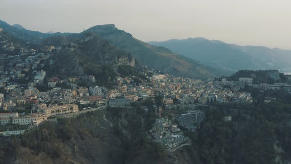 Flying over of Taormina in Island of Sicily Italy 4K