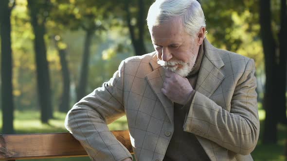 Retired Man Playing Chess Alone Sitting on Bench, Game Strategy, Old Age Hobby