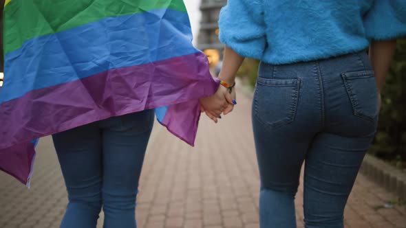 Backside View Female Lesbian Couple Holds Hands Wearing Rainbow Flag