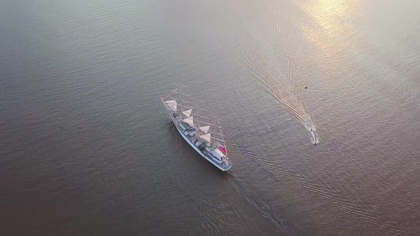 Aerial View of the Frigate Nadezhda Under Sail in the Amur Bay