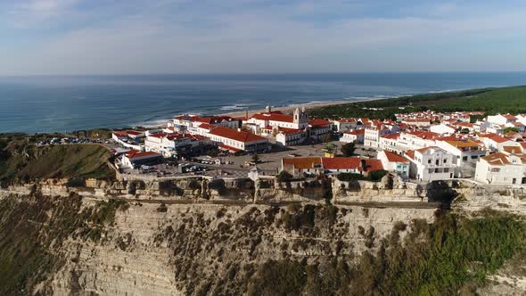 Aerial drone view of Nazare riviera and new city, Portugal