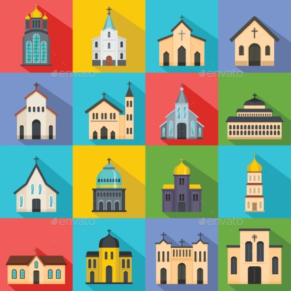 Church Building Icons Set Flat Style