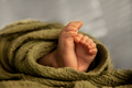 Closeup of newborn baby feet in a green wrap at natural light, indoor photography - PhotoDune Item for Sale
