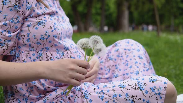 Pregnant Woman in a Summer Dress with a Floral Print Sits on the Grass in the Park and Hugs Her