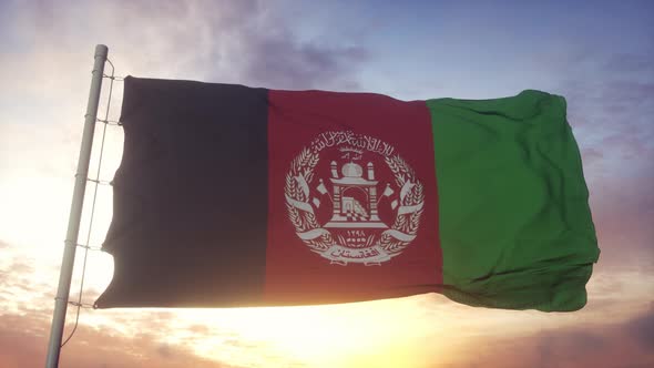 Flag of Afghanistan Waving in the Wind Sky and Sun Background