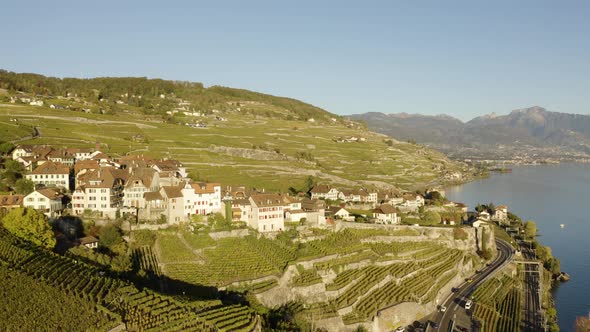 Flying in reverse, away from typical village (Rivaz) in Lavaux vineyard - SwitzerlandCGN Belle-Epoq