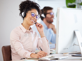 Call center, black woman and customer service on computer, consulting agency and contact us, help a