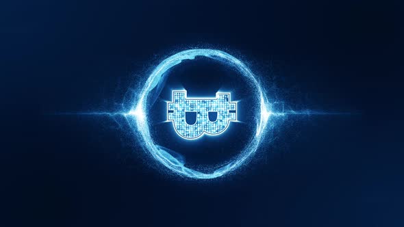 Blue digital money futuristic technology icon with blue energy ball particles vertical video concept