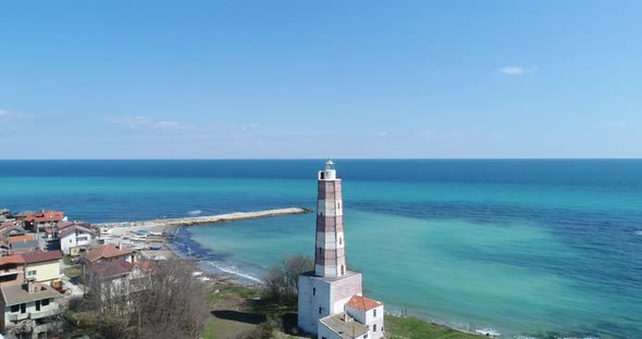 4k aerial footage of the oldest lighthouse on the balkan peninsular, Shabla, Bulgaria