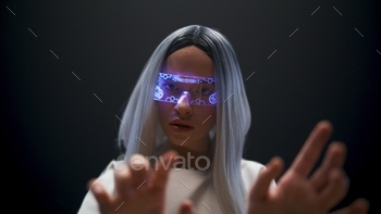 digital transparent glasses. Closeup futuristic specialist clicking arms virtual screen. Millennial woman enjoying videogame. Modern interface