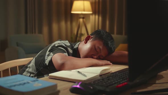 Tired Teenage Boy Sleeping On The Table While Distance Learning, Learn Online On Computer From Home