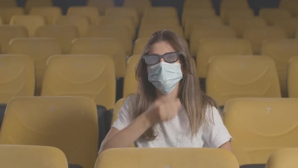 Portrait of Brunette Caucasian Woman in Face Mask and 3d Glasses Watching Film in Cinema, Young Lady