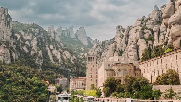 Catalonia, Spain. Santa Maria De Montserrat. Benedictine Abbey In Mountain Of Montserrat, In