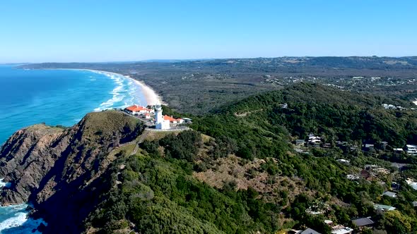 Aerial view of seaside lighthouse in Byron bay, Australia