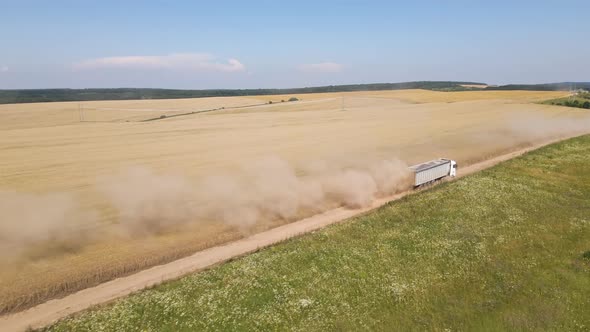 Aerial View of Cargo Truck Driving on Dirt Road Between Agricultural Wheat Fields Making Lot of Dust