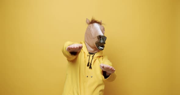 Happy Guy Enjoying Dance with Pigeon Mask on Yellow Background