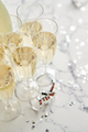Champagne glasses and bottle placed on white marble background - PhotoDune Item for Sale