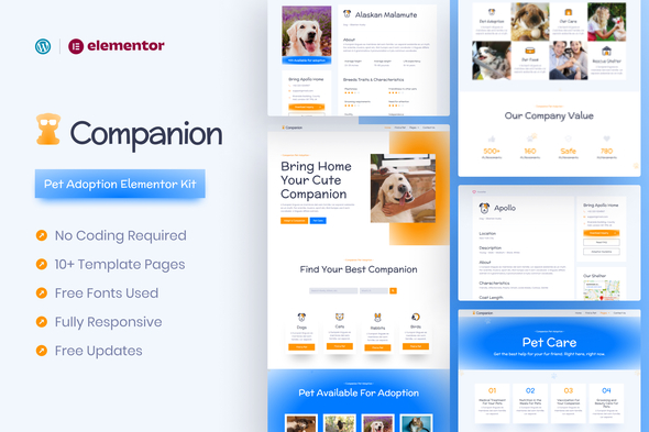 Companion Pet Adoption & Care Elementor Pro Template Kit – 0 Sold!