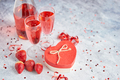Bottle of rose champagne, glasses with fresh strawberries and heart shaped gift - PhotoDune Item for Sale