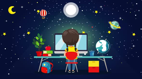 Little Kid Using Computer In Space Background