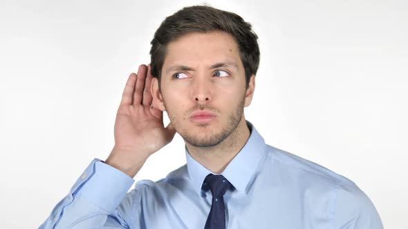 Young Businessman Listening Secret White Background