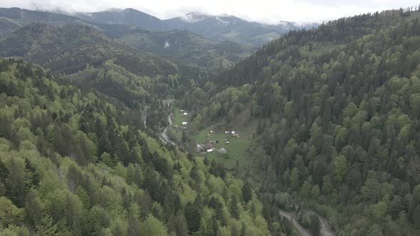 Village in the Mountains. Slow Motion. Carpathians. Ukraine. Aerial. Gray, Flat