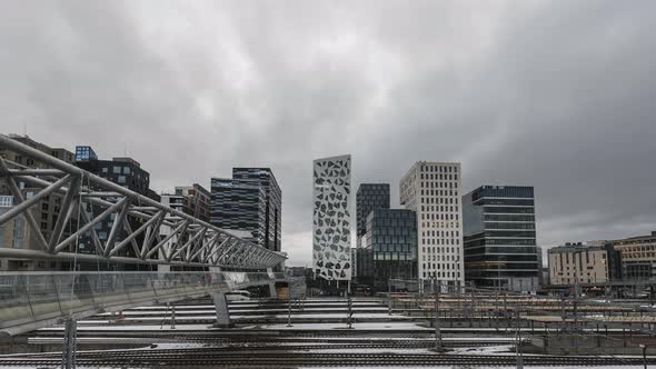 Acrobat Pedestrian Bridge In Oslo, Norway. Dramatic Sunset View Of Akrobaten Bru Over Railway Tracks