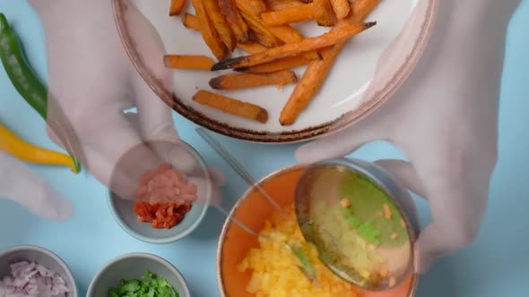 Vertical Food Video the Cook Mixes Spices and Chopped Vegetables