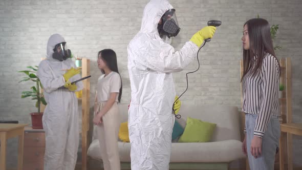 Epidemiologists Protective Suits Measure Temperature Asian Girls