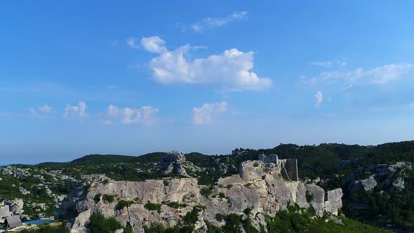 Baux-de-Provence village in Bouches-du-Rhone in France from the sky