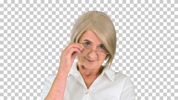 Old smart lady in glasses standing with, Alpha Channel