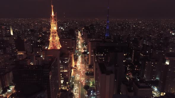 Night downtown Sao Paulo Brazil. Downtown district at night life scenery.