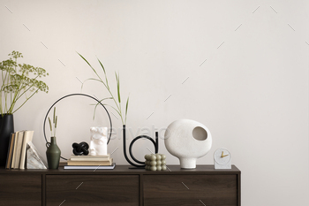 wn commode, design boucle armchair, coffee table, decoration, mock up poster frame and elegant personal accessories. Modern home decor. Template.