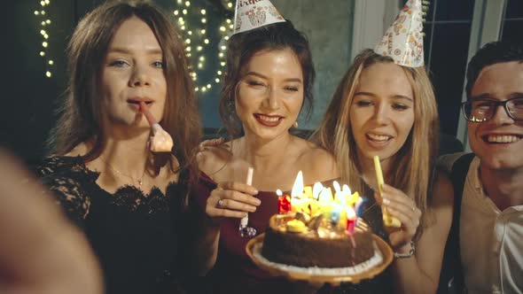 Happy Multiracial Friends Selfie Congratulating with Birthday Excited Asian Girl, Giving Cake