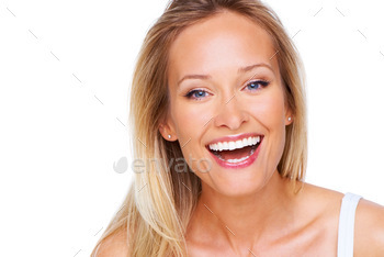 young woman laughing while isolated on white