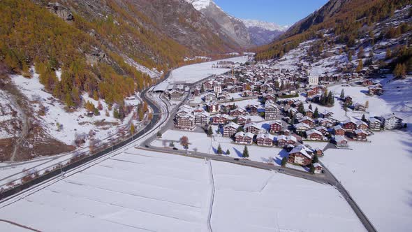 The Village of Tasch in Switzerland in the Winter Aerial View