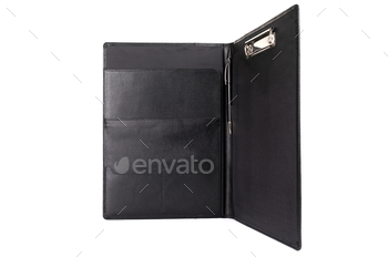 open black leather portfolio for documents