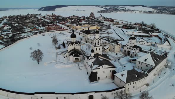 Sviyazhsk Island in Volga River at Winter Small City Village Cathedral Sunset